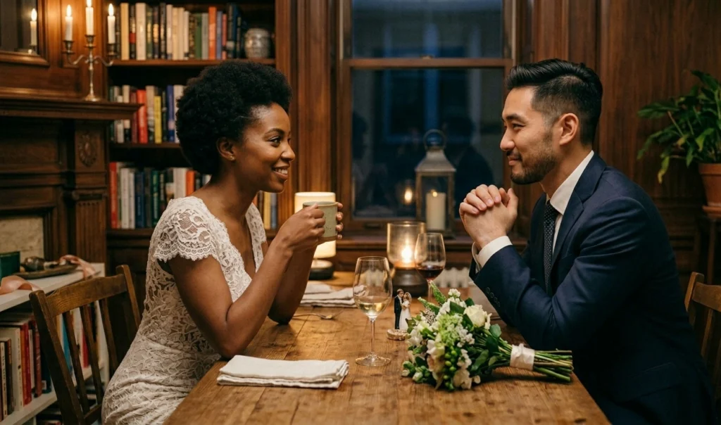 Couple feeling awkward while discussing intimacy and sexual communication in a relationship.